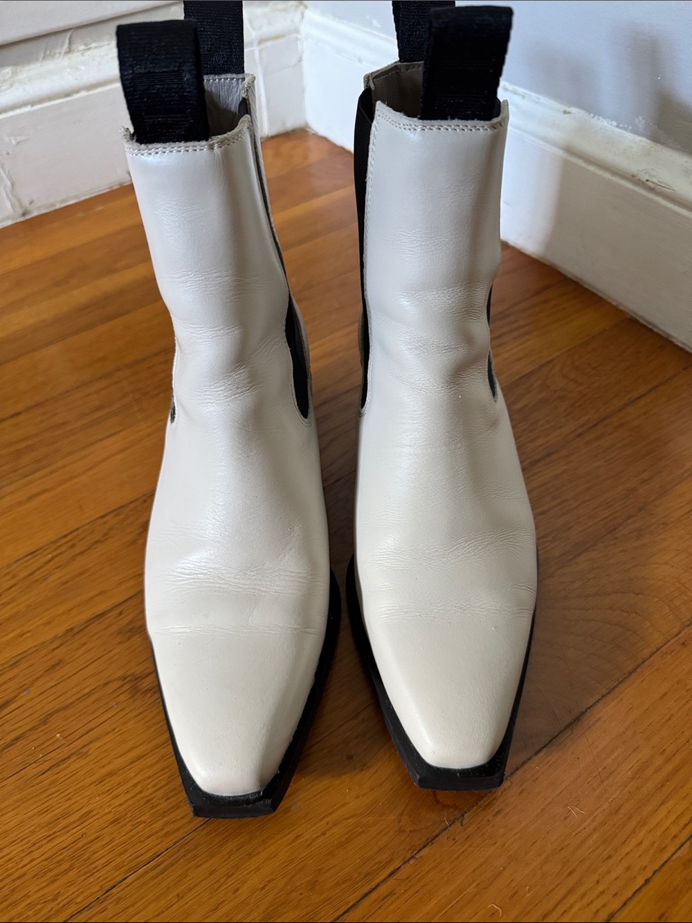AllSaints White Leather Chelsea Booties with Black Elastic